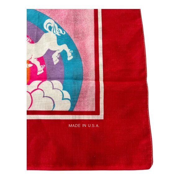Vintage 1970s Rainbow Unicorn Bandana – Made in USA Poly Cotton Red Scarf - Picture 3 of 4